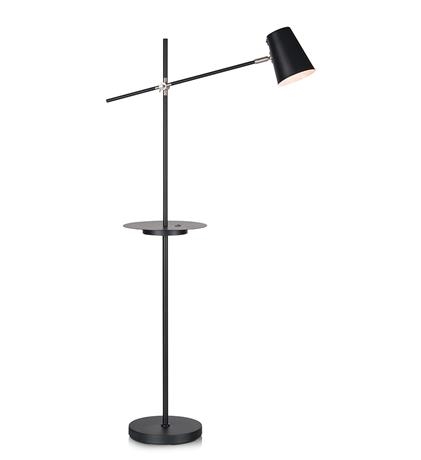 Linear Gulvlampe i Sort metal med USB stik, justerbar højde og lampehoved, med afbryder på skærm, MAX 40W E14, Base 28 cm, dybde